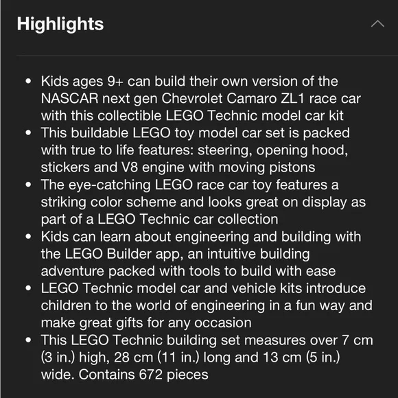 LEGO Technic NASCAR Next Gen Chevrolet Camaro ZL1 NWT - Picture 4 of 8